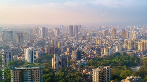 Fototapeta Naklejka Na Ścianę i Meble -  Aerial view of Pune city in Maharashtra, India. Skyscrapers and modern architecture dominate the skyline. Hazy smog fills the atmosphere. Trees and greenery amidst the urban landscape.