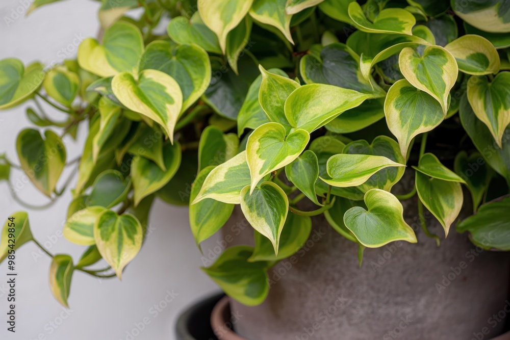 Close-up of Epipremnum aureum in a decorative pot. Devil vine or devil ivy houseplant with green leaves. Foliage and growth on a shelf or wall in a home. Indoor decoration and botany. Close-up of Epipremnum aureum in a decorative pot. Devil vine or devil ivy houseplant with green leaves. Foliage and growth on a shelf or wall in a home. Indoor decoration and botany.