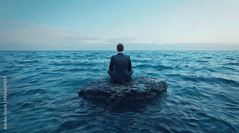 Solitude in the Sea: Businessman Contemplates on a Stone Solitude in the Sea: Businessman Contemplates on a Stone