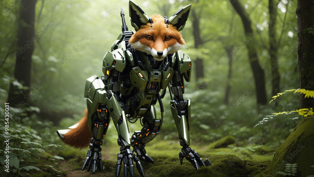 Fototapeta premium fox wearing a green robotic suit in a forest.