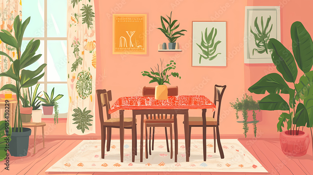 Boho style dining room interior. designed using generative ai. Bohemian Style. Illustration