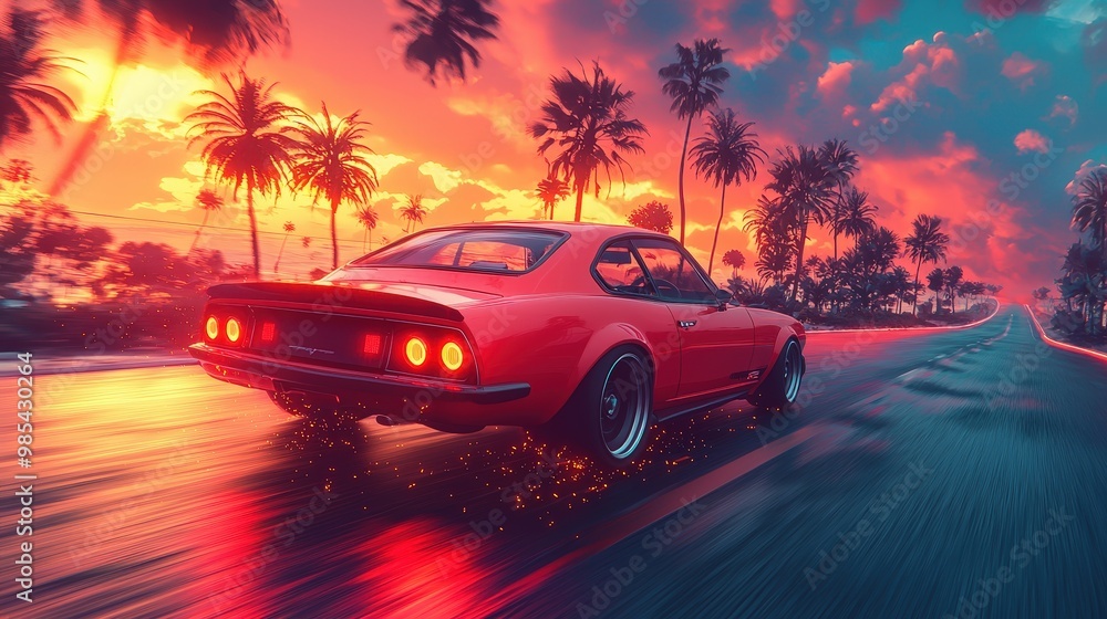 Red Classic Car Driving on Palm Tree Lined Road at Sunset Red Classic Car Driving on Palm Tree Lined Road at Sunset