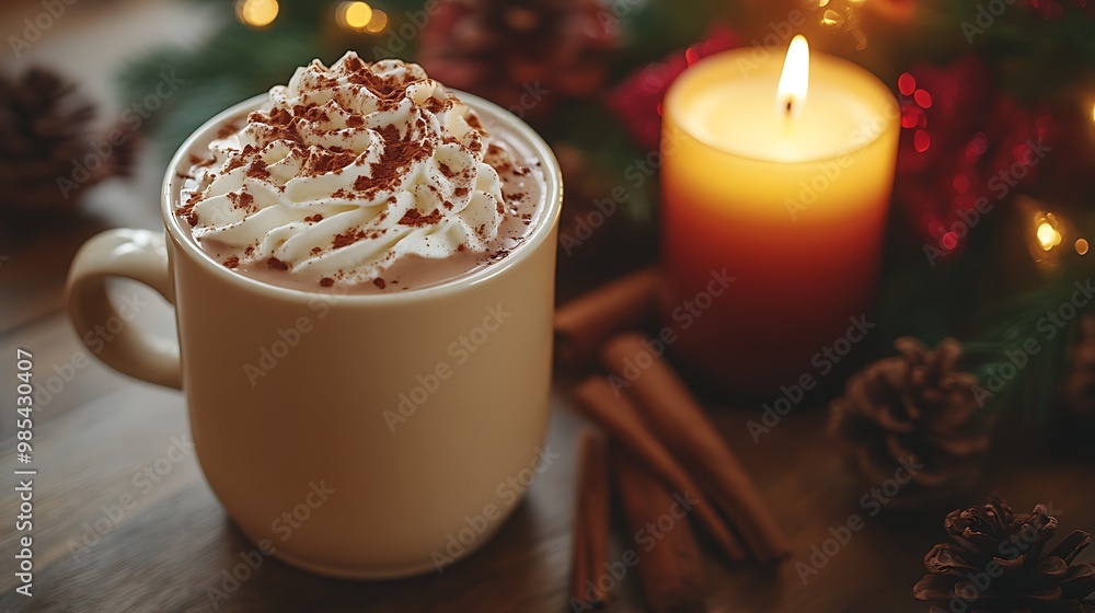 A mug of hot chocolate with whipped cream and cinnamon sticks on a wooden table, decorated with pine branches, pine cones, and a burning candle. A mug of hot chocolate with whipped cream and cinnamon sticks on a wooden table, decorated with pine branches, pine cones, and a burning candle.