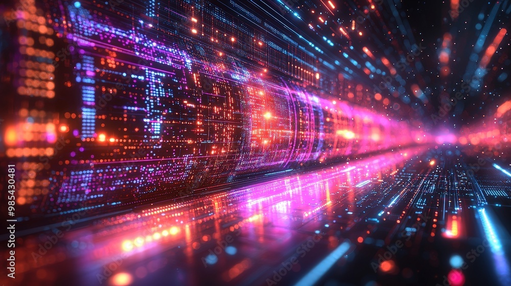Abstract Digital Tunnel with Neon Lights and Binary Code Abstract Digital Tunnel with Neon Lights and Binary Code