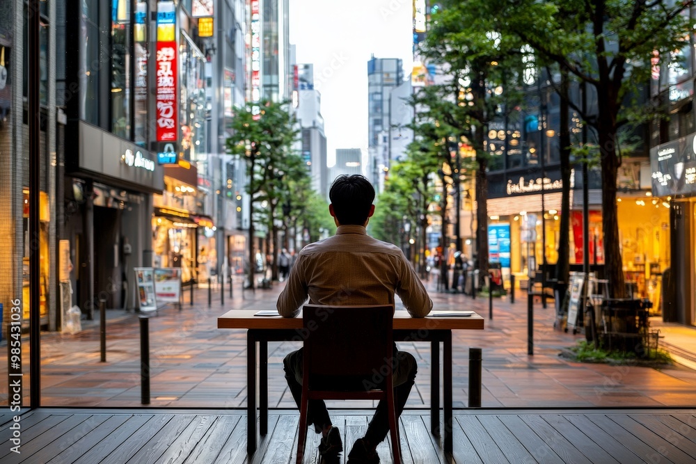 A lone businessman sitting at a desk in an empty office, surrounded by closed shops and barren streets, reflecting the economic downfall A lone businessman sitting at a desk in an empty office, surrounded by closed shops and barren streets, reflecting the economic downfall