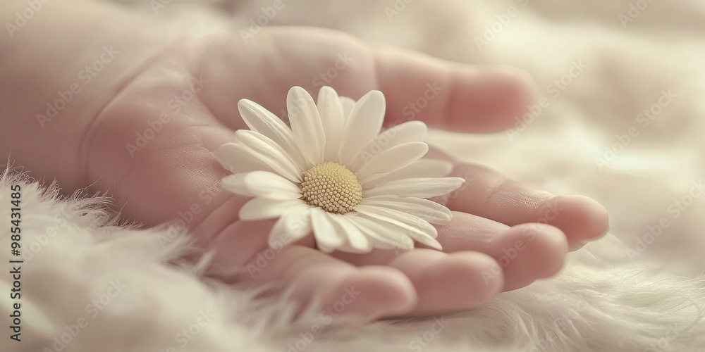 Close up of a baby's hand holding a daisy, generative AI Close up of a baby's hand holding a daisy, generative AI