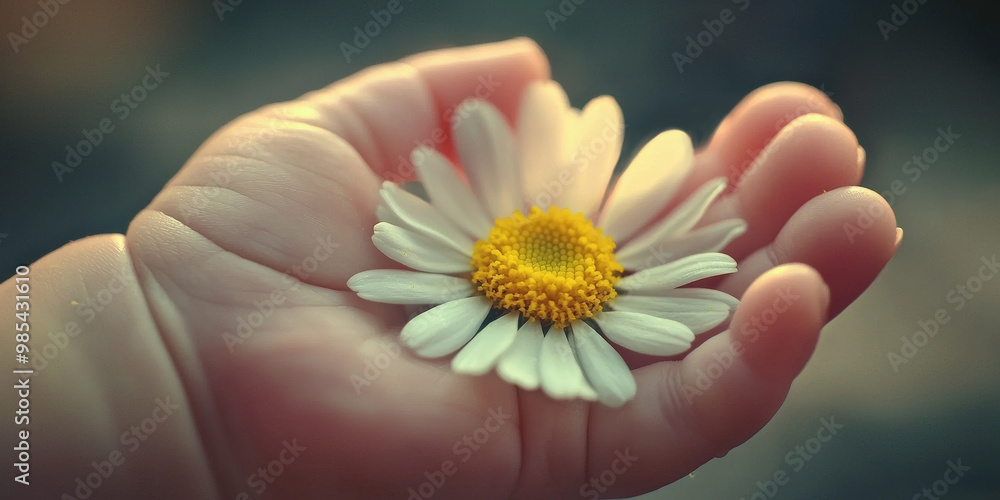 Close up of a baby's hand holding a daisy, generative AI Close up of a baby's hand holding a daisy, generative AI