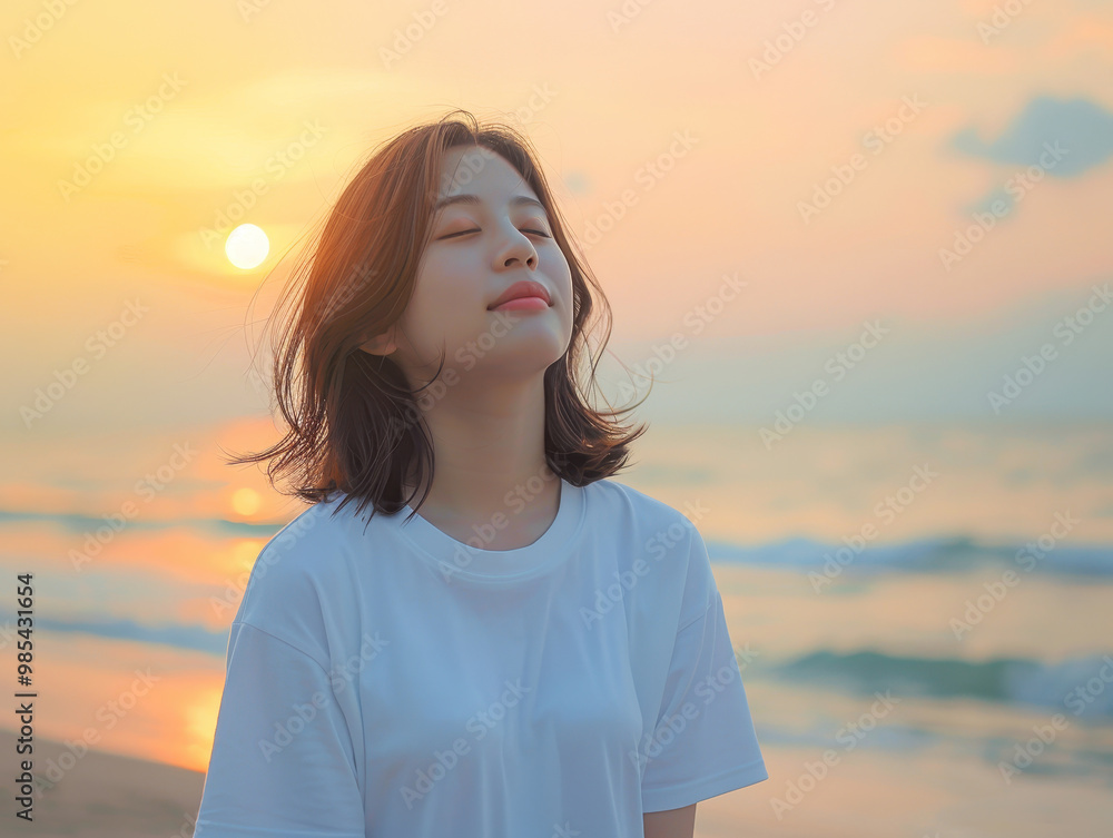 Obraz premium Smiling Asian woman on the beach, relaxing.