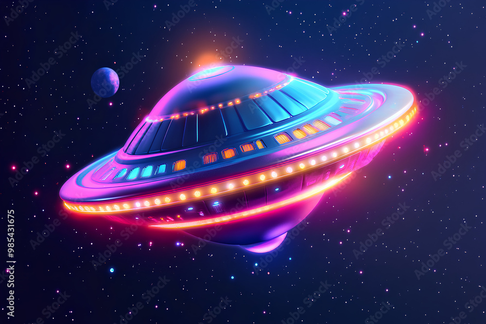 Alien Spaceship 3d Icon Illustration. Alien Spaceship Satellite, Planet And Stars Alien Spaceship 3d Icon Illustration. Alien Spaceship Satellite, Planet And Stars