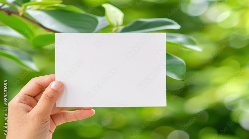 A serene scene of a hand holding a blank paper card against a nature backdrop. Perfect for mockups and artistic projects. A serene scene of a hand holding a blank paper card against a nature backdrop. Perfect for mockups and artistic projects.