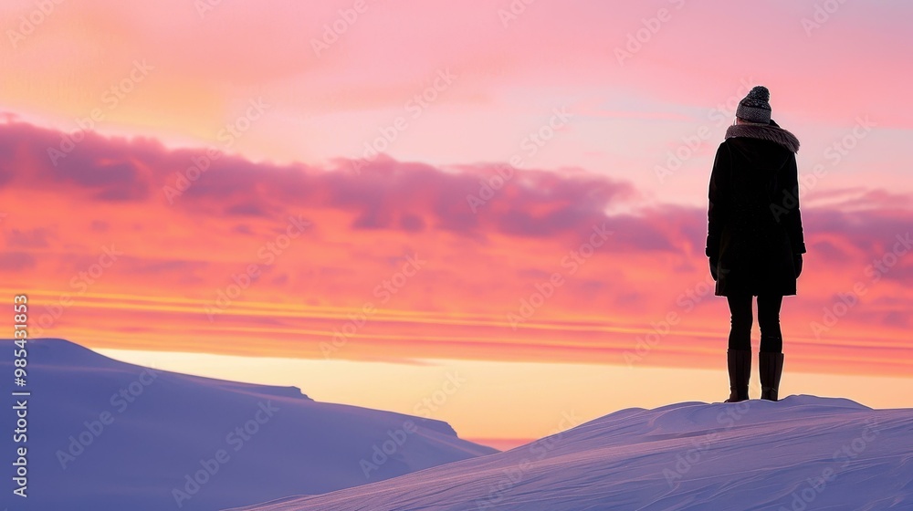A solitary figure gazes at the winter sunset, the vibrant colors painting the sky as she embraces the calm. A solitary figure gazes at the winter sunset, the vibrant colors painting the sky as she embraces the calm.