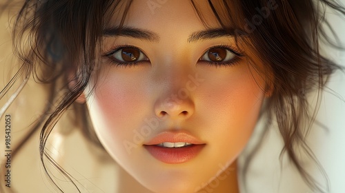 A stunning East Asian woman radiates beauty with her brown hair, bright smile, and captivating brown eyes in high detail. photo