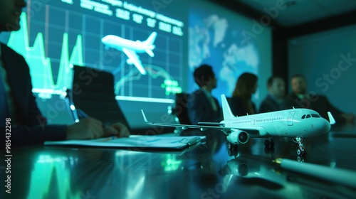A group of businessmen discuss the acquisition of an airline company, with a model airplane and some financial charts on the table.aviation industry, business, finance,negotiation,shareholder.