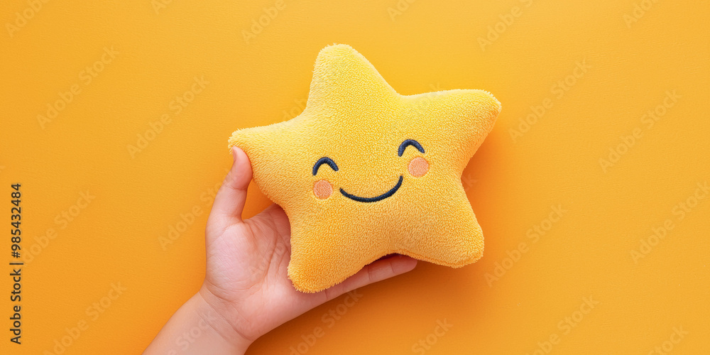 A hand holding a cute, smiling star shaped toy, generative AI A hand holding a cute, smiling star shaped toy, generative AI