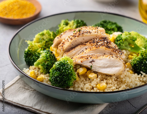 Chicken breast on a bed of vegetable rice on a checked tablecloth.