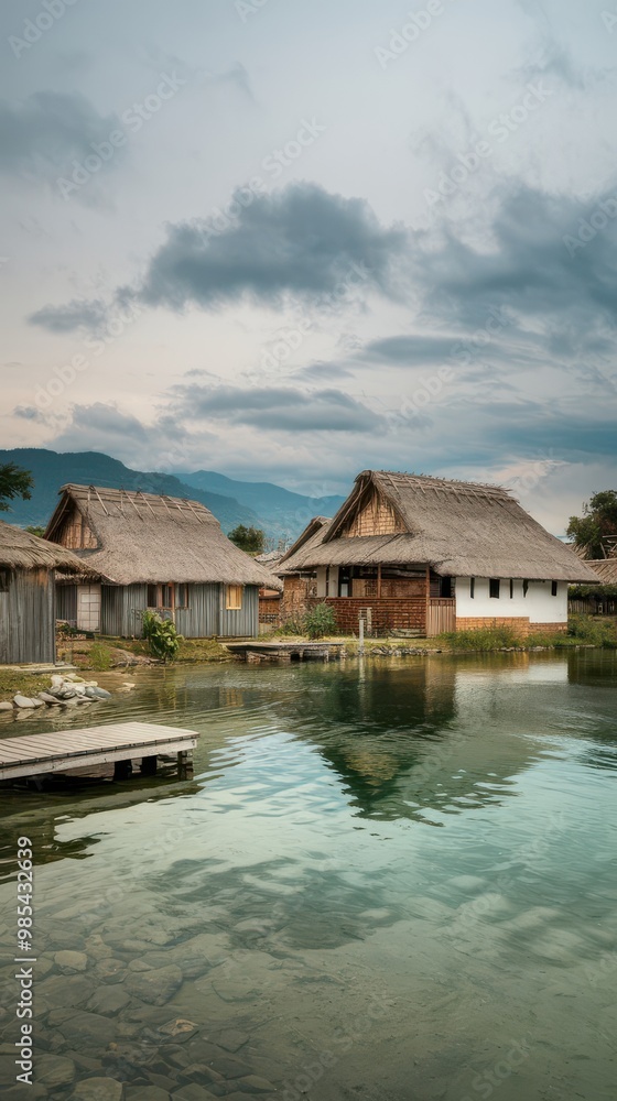 Traditional Riverside Village with Wooden Houses Reflected in Calm Water Traditional Riverside Village with Wooden Houses Reflected in Calm Water