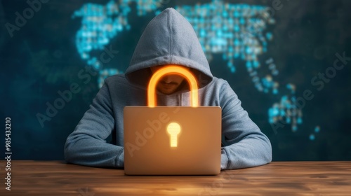 A hackers silhouette at a desk with glowing holographic padlock, emphasizing digital safety and security in a dark setting. photo