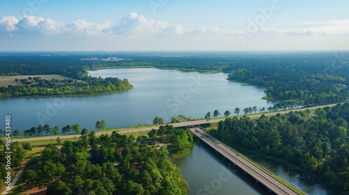 Fototapeta Naklejka Na Ścianę i Meble -  Aerial drone shot of Lake Houston with a road above in Kingwood, Texas, United States. Panoramic view of lake with a road crossing over. Blue water, green trees, and a sunny sky surround the lake.