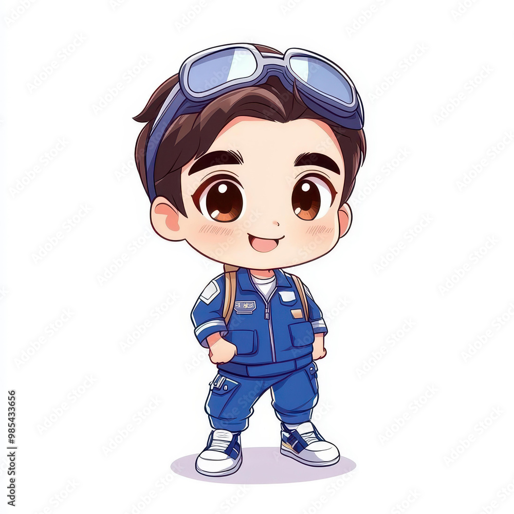 Meet a delightful chibi boy in a blue pilots suit, sporting a big grin and oversized features that exude cuteness Meet a delightful chibi boy in a blue pilots suit, sporting a big grin and oversized features that exude cuteness