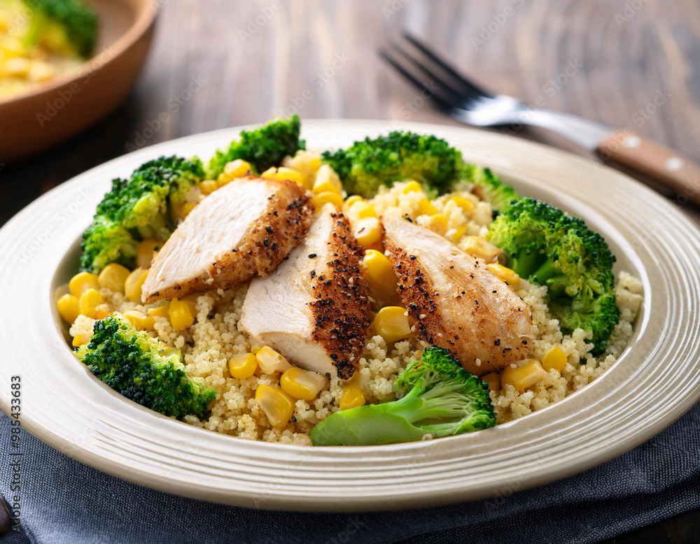 Chicken breast on a bed of vegetable rice on a checked tablecloth. Chicken breast on a bed of vegetable rice on a checked tablecloth.