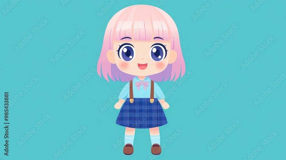 This chibi character features a cute big head, shiny hair, and a cheerful smile, dressed in a light blouse and plaid dress. This chibi character features a cute big head, shiny hair, and a cheerful smile, dressed in a light blouse and plaid dress.