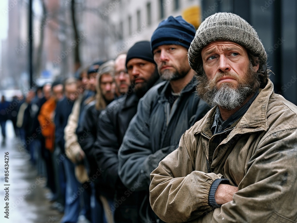 A long line of people waiting outside an unemployment office, their faces reflecting hopelessness and anxiety A long line of people waiting outside an unemployment office, their faces reflecting hopelessness and anxiety