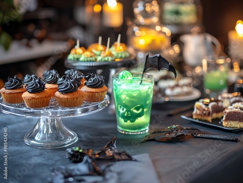 Creepy dessert buffet featuring spooky skull cakes glowing green slime drinks