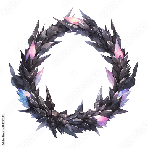 A mystical, black, crystalline wreath adorned with iridescent gems against a stark, white background. photo