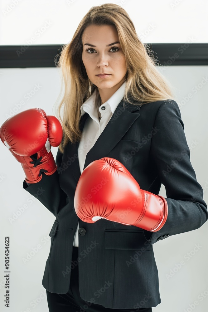 Young businesswoman in determined boxing pose. She wears formal suit and holds briefcase in one hand. Fist clenched, ready to punch. Confident and powerful woman in office setting. Young businesswoman in determined boxing pose. She wears formal suit and holds briefcase in one hand. Fist clenched, ready to punch. Confident and powerful woman in office setting.
