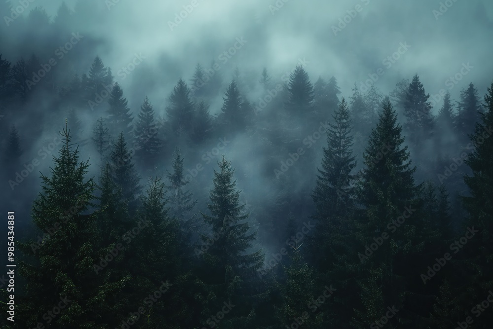 Misty forest with coniferous trees on a gloomy day. Foggy atmosphere with plants, leafy branches, and empty path. Curvy road through the woods with white mist, pine trees, and natural environment.