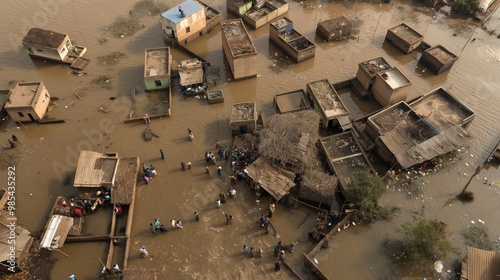 Aerial shot of African village flooded with dirty water. Old buildings and homes destroyed by river flood. People in boat, living in disaster zone. Outdoor environment of poverty and catastrophe.