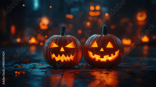 Wallpaper Mural Festive and playful Halloween scene with small carved pumpkins on the left side against a dark background, enhanced by orange bokeh light orbs in the foreground.  Torontodigital.ca