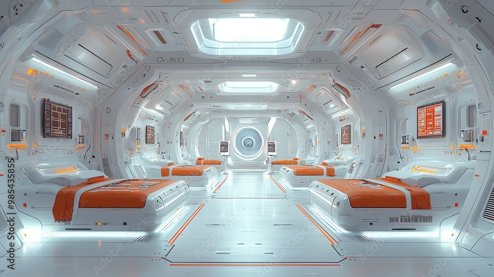 Obraz premium Futuristic Spaceship Interior with Sleeping Pods and Screens