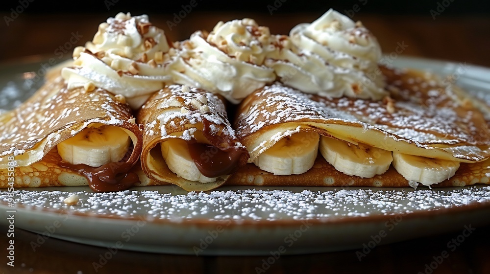 Plate of crispy French crpes rolled and filled with Nutella bananas and whipped cream dusted with powdered sugar Plate of crispy French crpes rolled and filled with Nutella bananas and whipped cream dusted with powdered sugar