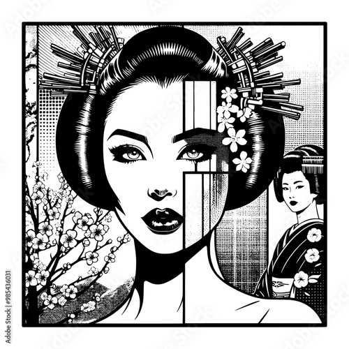 lady geisha black and white design