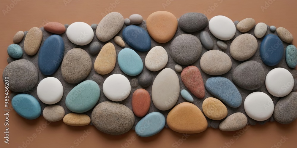 A collection of rocks in various colors and sizes, arranged in a line A collection of rocks in various colors and sizes, arranged in a line