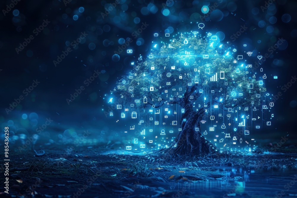 Fototapeta premium A tree with many icons on it, including a heart, a phone, and a key