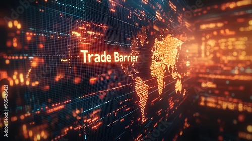 A large wall labeled "Trade Barrier" collapsing to reveal a glowing global market, minimalistic, realistic, medium shot.