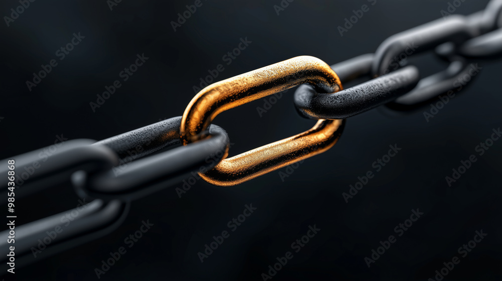 A golden link connecting two black chain segments, symbolizing strength, connection, leadership, or the power of a single crucial link within a system A golden link connecting two black chain segments, symbolizing strength, connection, leadership, or the power of a single crucial link within a system