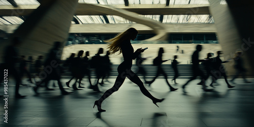 Silhouette of a woman running while using a smartphone in a modern architectural setting, surrounded by blurred silhouettes of people in motion, conveying the fast-paced urban lifestyle