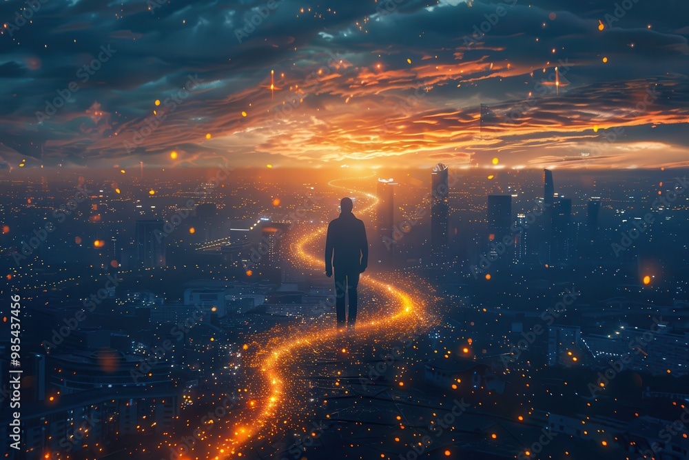 A man is walking down a street in a city at night A man is walking down a street in a city at night