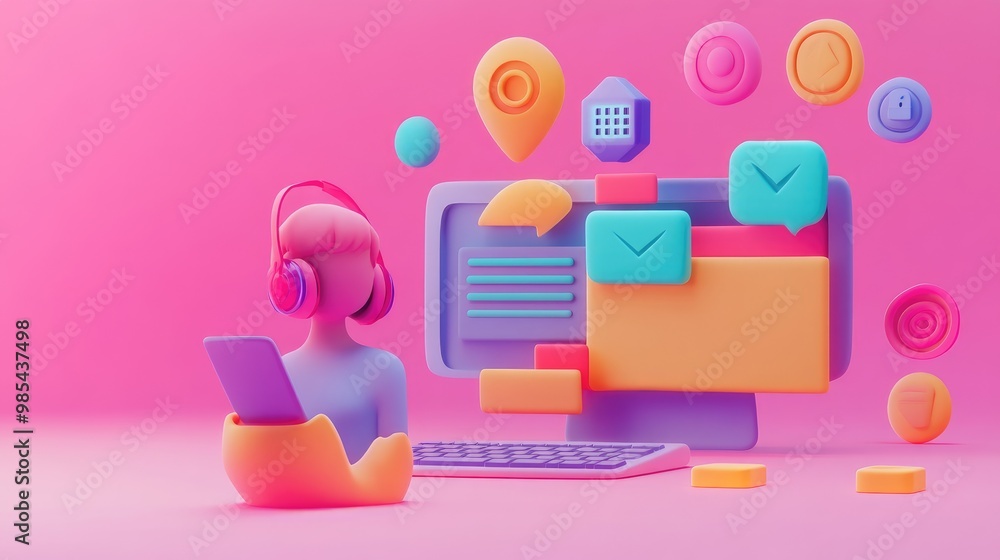 3D illustration of a person wearing headphones and looking at a phone with a computer screen, keyboard, and colorful icons floating around. 3D illustration of a person wearing headphones and looking at a phone with a computer screen, keyboard, and colorful icons floating around.