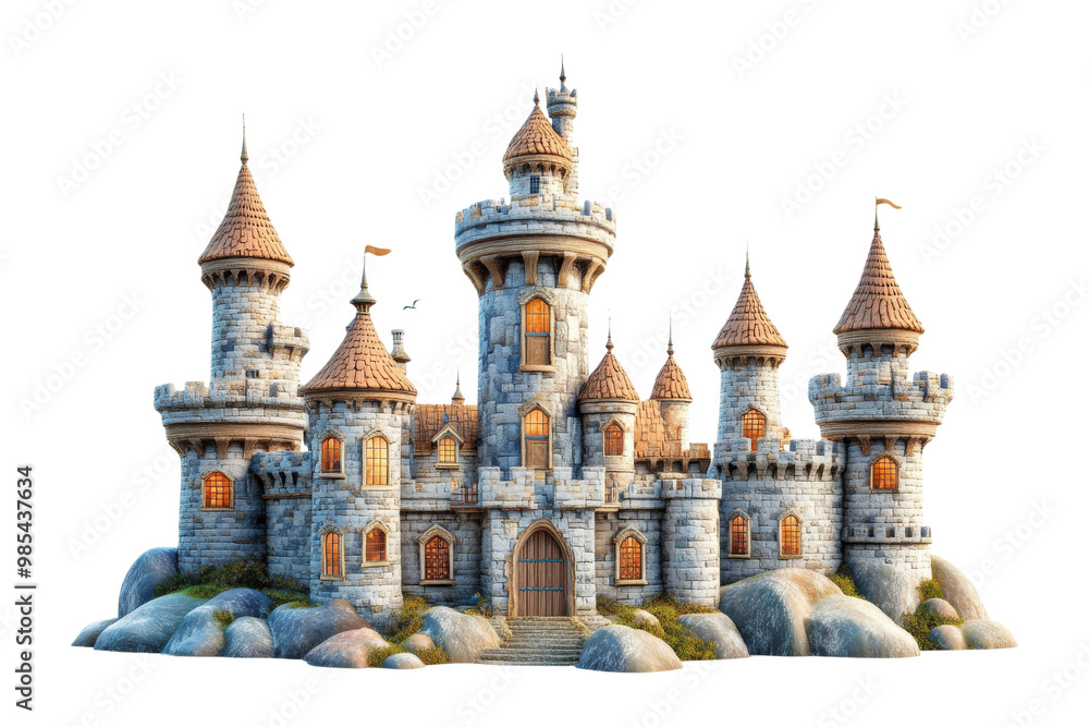 A majestic fairy tale castle with towers, surrounded by rocks set against a white background. A majestic fairy tale castle with towers, surrounded by rocks set against a white background.