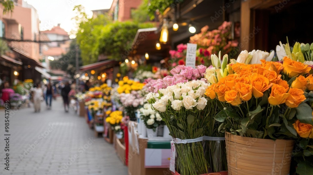 Fototapeta premium A vibrant flower market bustling with colorful blooms, showcasing roses, tulips, and other flowers amid a lively atmosphere.