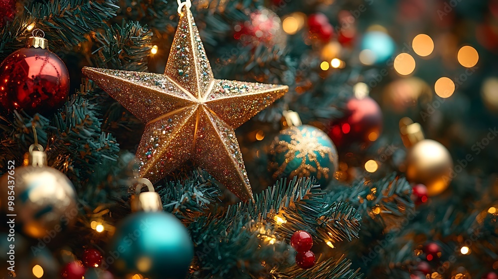A close-up of a Christmas tree with a star ornament, baubles and fairy lights. A close-up of a Christmas tree with a star ornament, baubles and fairy lights.
