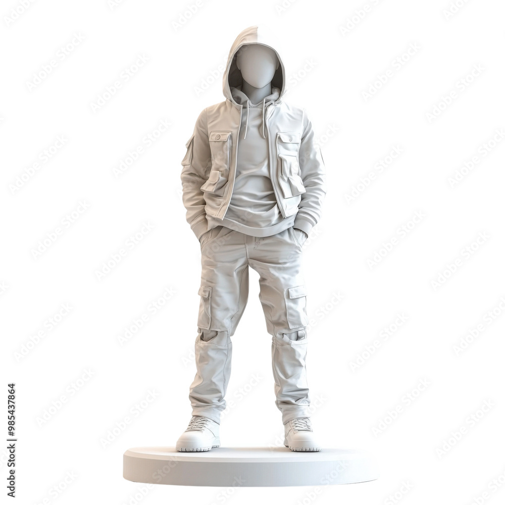 An isolated 3D figure of a trendy person wearing casual outfit with hooded jacket and pants. An isolated 3D figure of a trendy person wearing casual outfit with hooded jacket and pants.