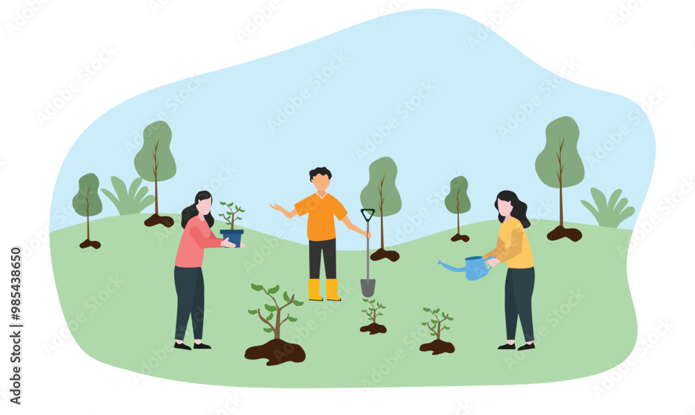 People planting trees and save earth. Characters care of plants to reduce Air Pollution, Reforestation and Planting Trees and watering Concept. Planting Plants Seedlings concept. People planting trees and save earth. Characters care of plants to reduce Air Pollution, Reforestation and Planting Trees and watering Concept. Planting Plants Seedlings concept.