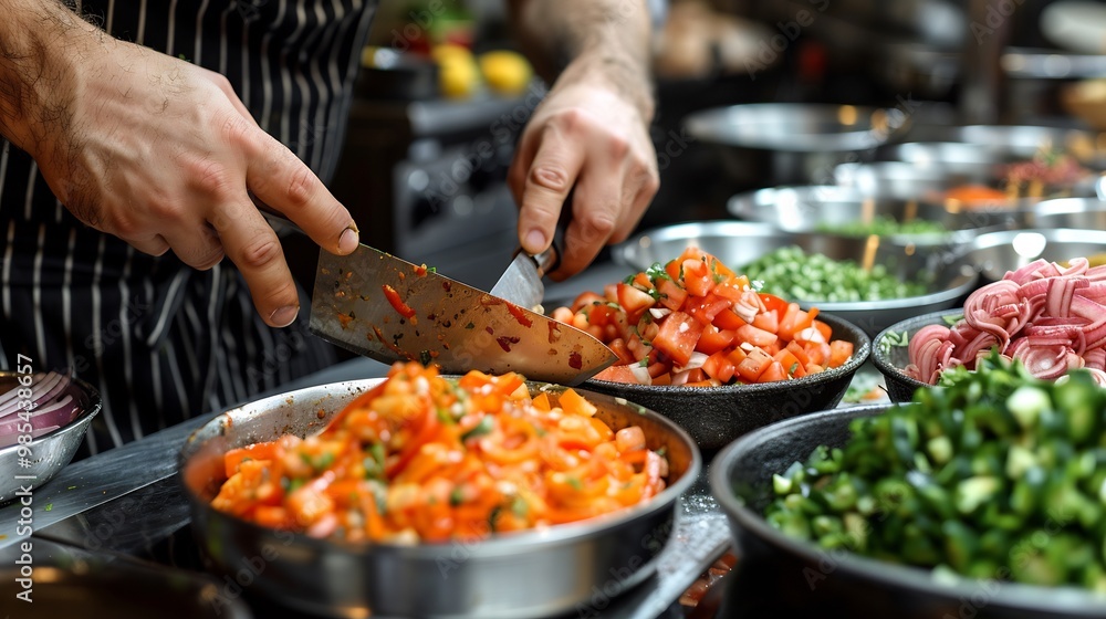 Professional chef chopping vegetables in a modern kitchen with vibrant ingredients spread out on the stainless steel countertop Professional chef chopping vegetables in a modern kitchen with vibrant ingredients spread out on the stainless steel countertop