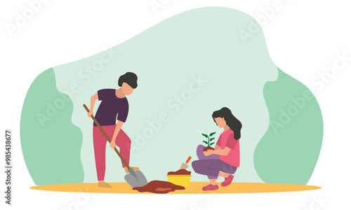 People planting trees and save earth. Characters care of plants to reduce Air Pollution, Reforestation and Planting Trees and watering Concept. Planting Plants Seedlings concept. photo