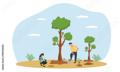 People planting trees and save earth. Characters care of plants to reduce Air Pollution, Reforestation and Planting Trees and watering Concept. Planting Plants Seedlings concept.